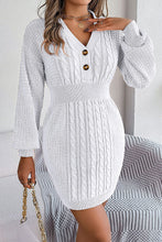 Load image into Gallery viewer, Buttoned V-neck Twist Lantern Sleeves Mini Sweater Dress