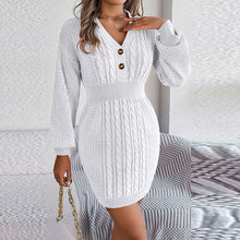 Load image into Gallery viewer, Buttoned V-neck Twist Lantern Sleeves Mini Sweater Dress