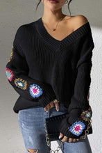 Load image into Gallery viewer, Black Crochet Flower Splicing V-Neck Pullover Sweater