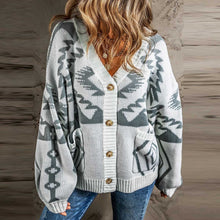 Load image into Gallery viewer, Light Grey Geometric Pattern Ribbed Trim Button Up Cardigan