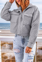 Load image into Gallery viewer, Gray Quilted Pocketed Zip Up Cropped Jacket