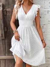 Load image into Gallery viewer, White Shirred Waist Surplice V Neck Midi Dress