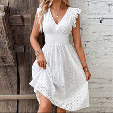 Load image into Gallery viewer, White Shirred Waist Surplice V Neck Midi Dress