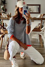 Load image into Gallery viewer, Contrast Trimmed Striped Drop Shoulder Sweater