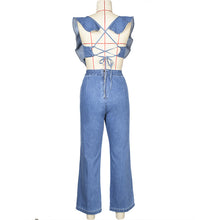 Load image into Gallery viewer, Blue Ruffled Lace-up Denim Jumpsuit