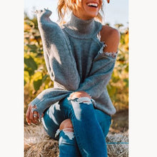Load image into Gallery viewer, Grey High Neck Cold Shoulder Sweater