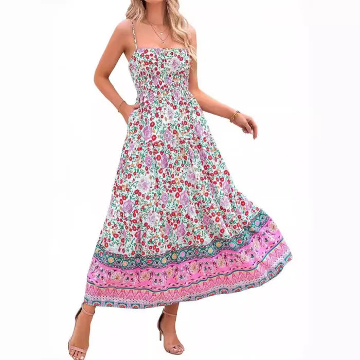 Floral Bohemian Sexy Adjustable Straps Pockets Midi Dress