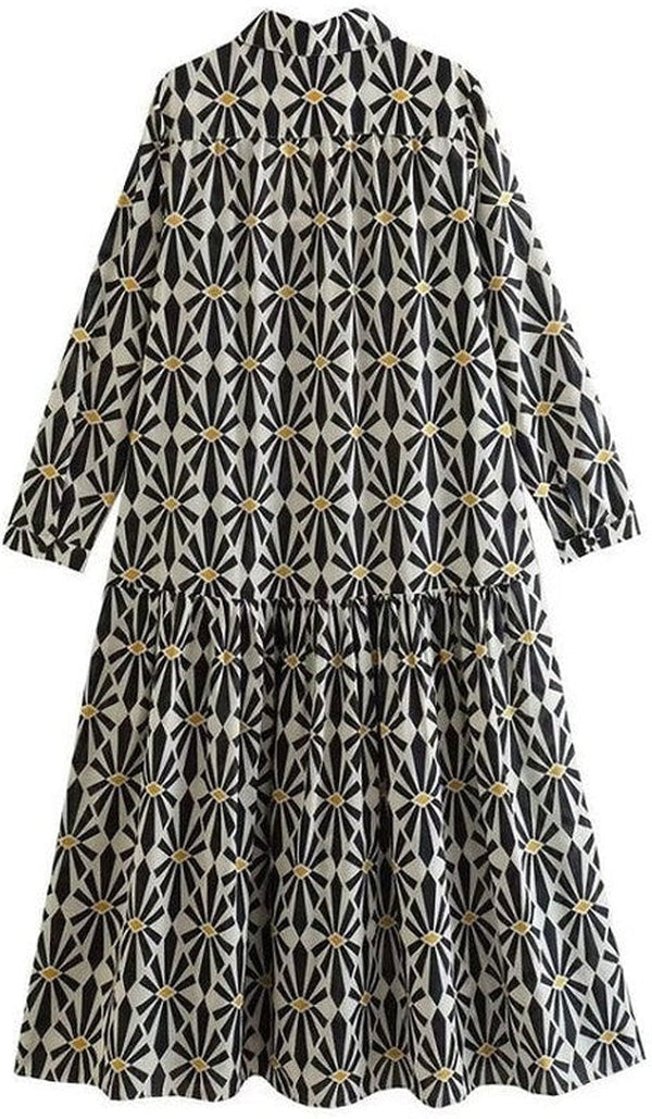 Black and White Print Long Sleeves Midi Dress