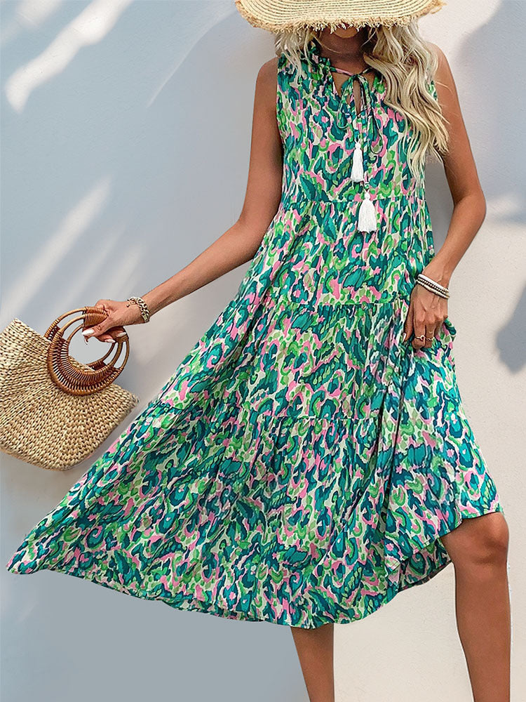 Bohemian Casual Sleeveless Printed Tiered Tassel Midi Dress
