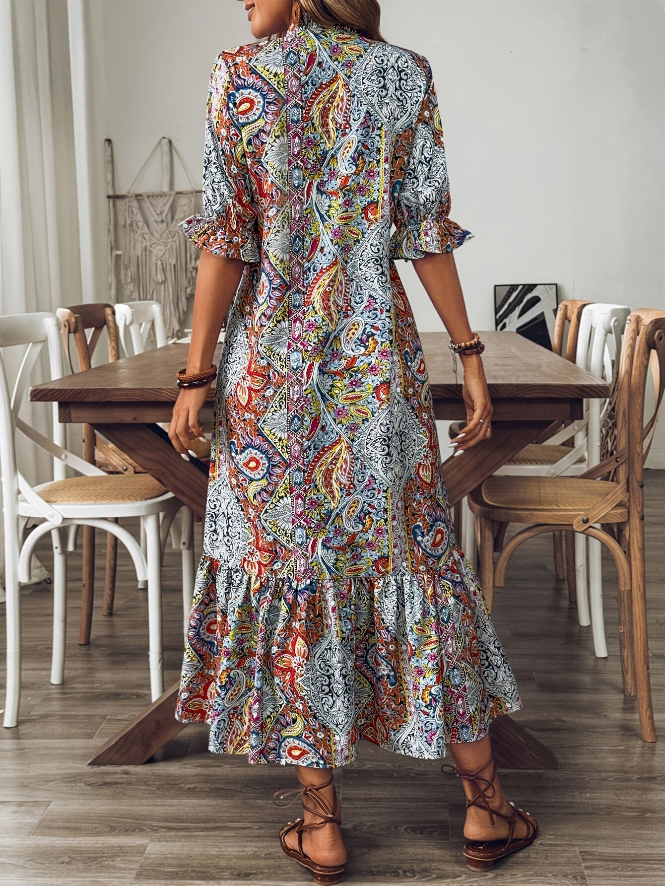 Elegant Boho Paisley Print Half Sleeves Ruffled Trimmed Midi Dress