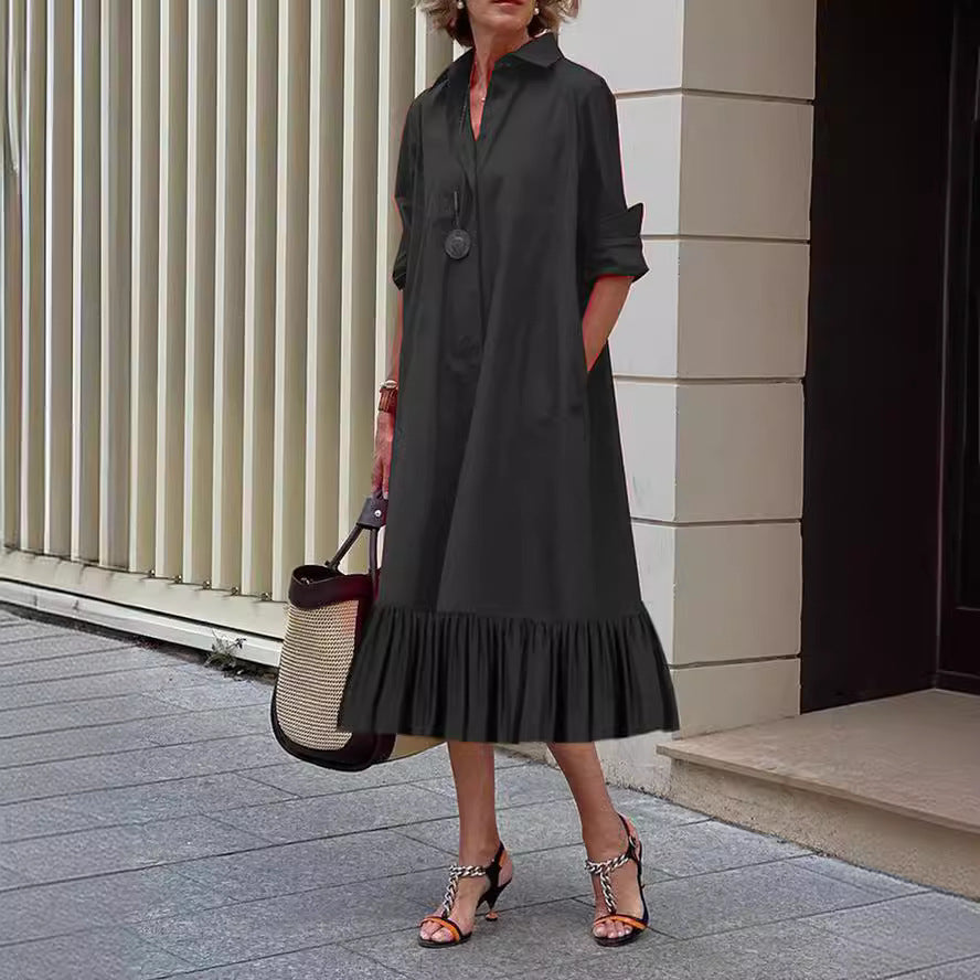 Black Long Sleeves Buttons Down Ruffled Midi Shirt Dress