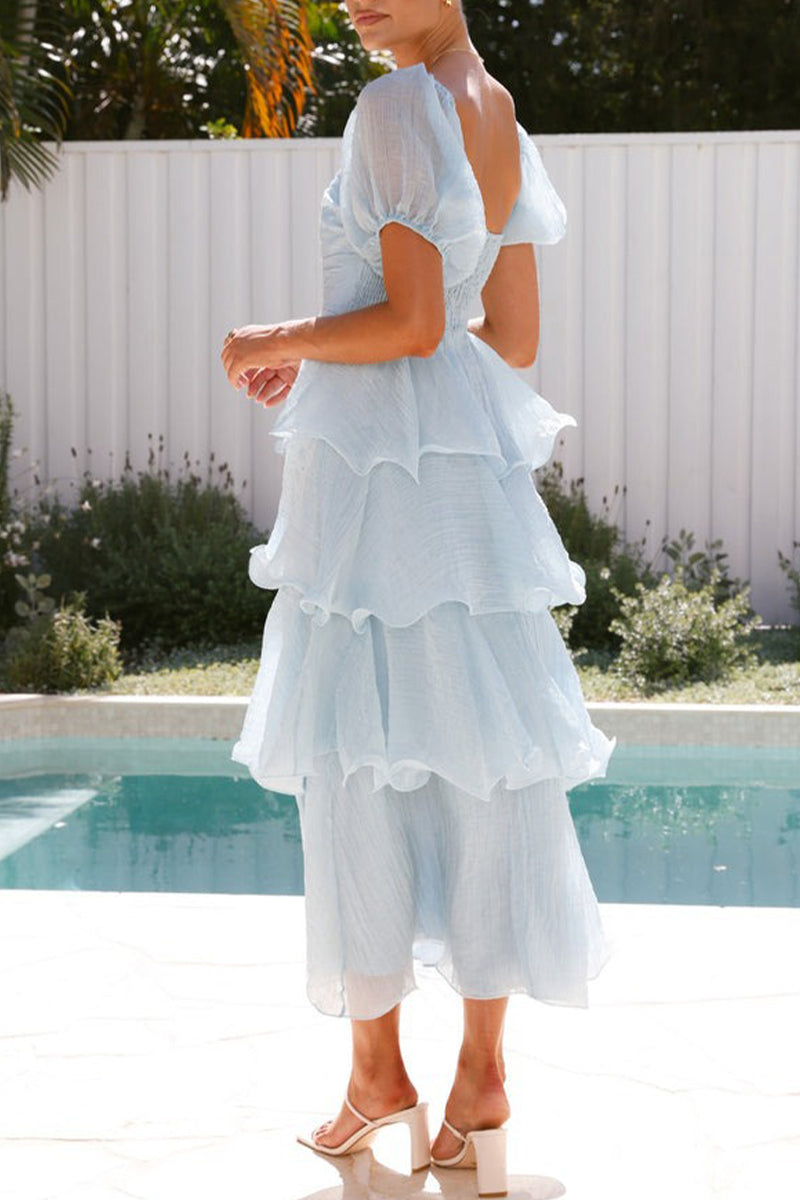 Classic Flounce Square Neck Tiered Midi Dress