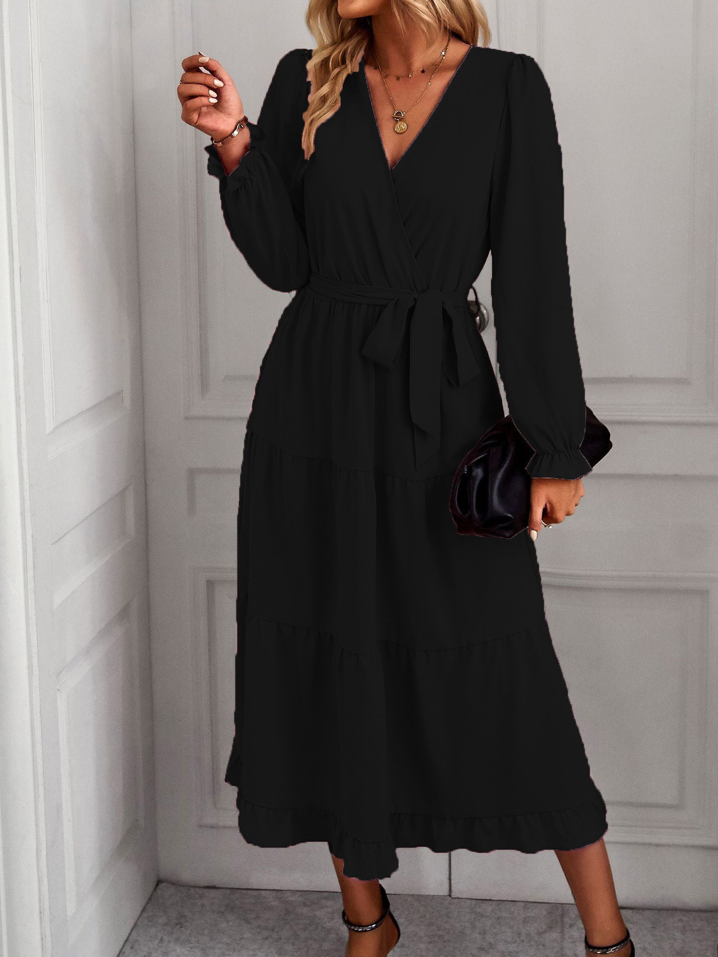 Casual Long Sleeve V-neck Sash Tiered Midi Dress