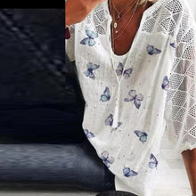 Load image into Gallery viewer, White V-neck Long Sleeve Butterfly Printed Blouse with Tassel
