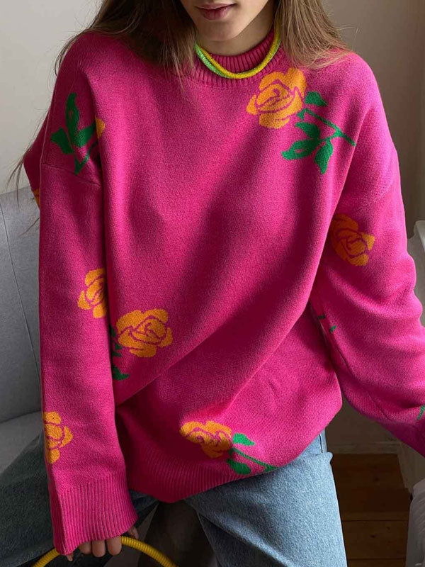 Cute Round Neck Rose Print Long Sleeves Sweater