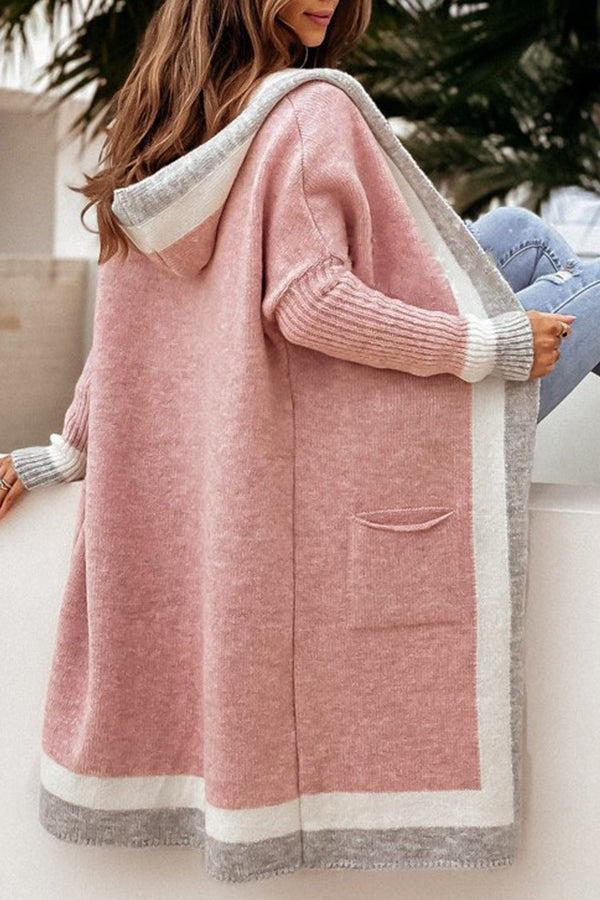 Casual Color Block Hooded Long Cardigan Sweater