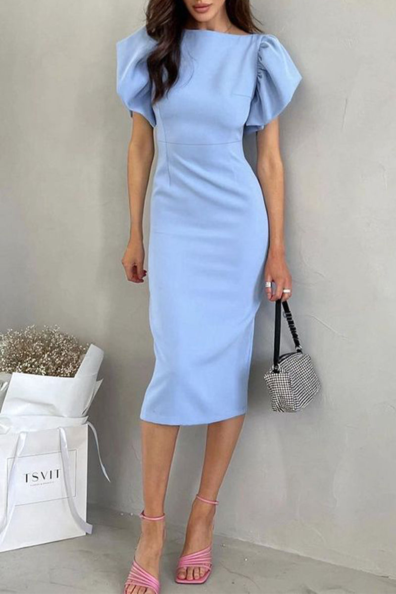 Elegant Blue Flounce Slit Back Midi Dress