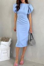 Load image into Gallery viewer, Elegant Blue Flounce Slit Back Midi Dress
