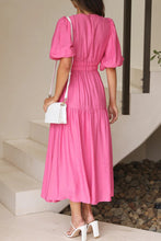 Load image into Gallery viewer, Sweet Elegant V Neck Puff Short Sleeves Tiered Midi Dress
