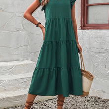 Load image into Gallery viewer, Loose V Neck Ruffle Sleeve Tiered Midi Dress
