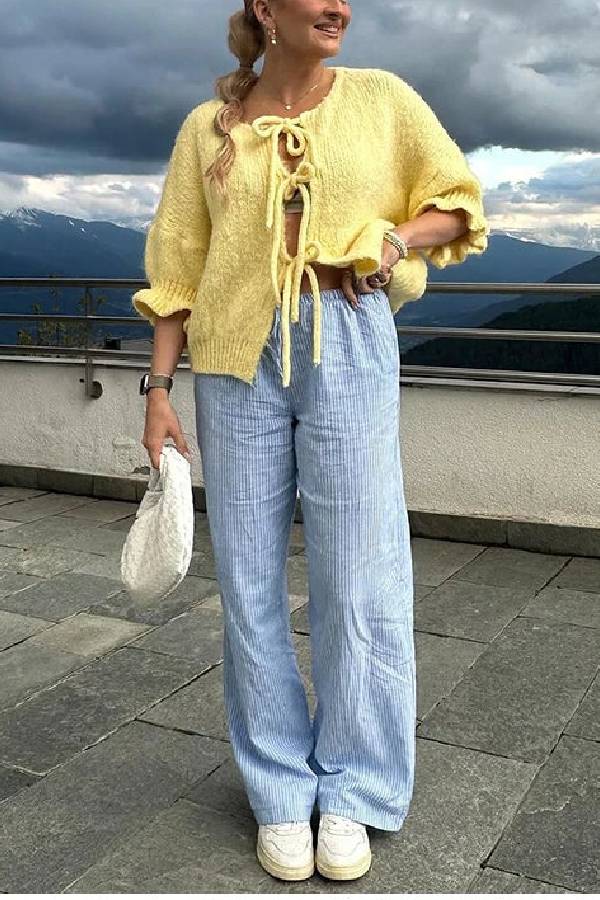 Yellow Flared Sleeve  Lace Up Cardigan