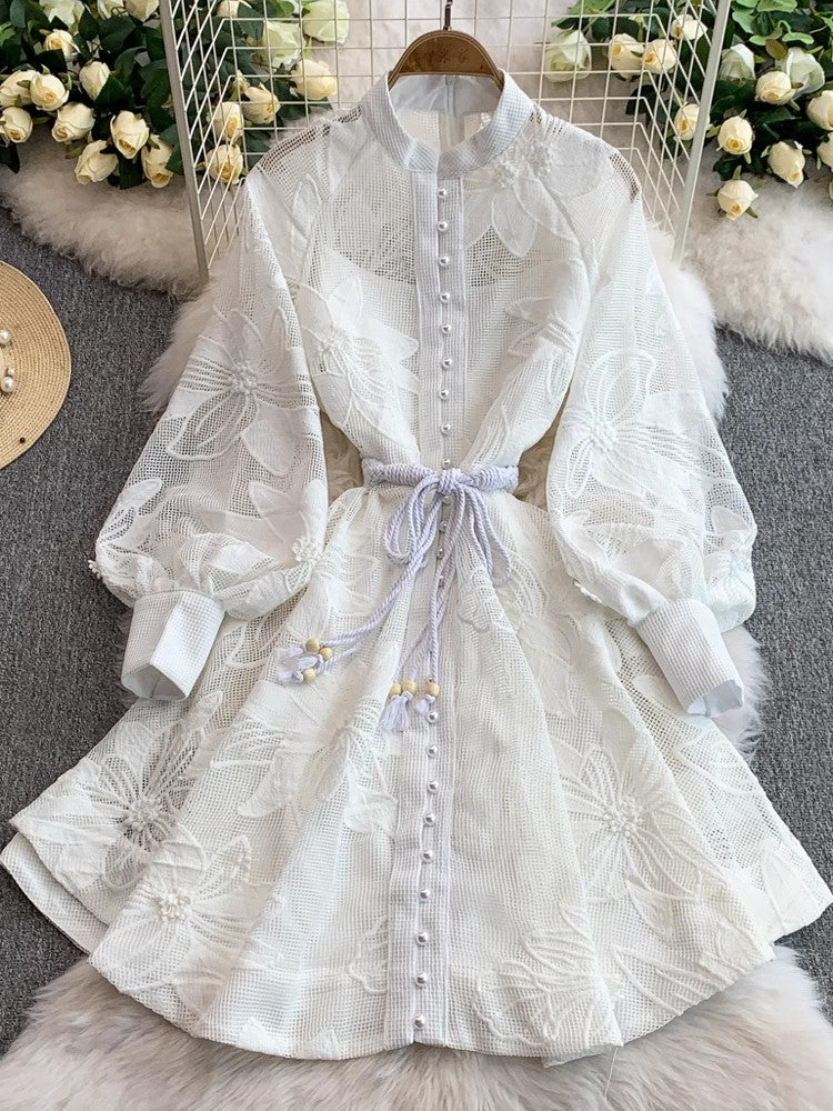 Elegant Hollow Out Lantern Long Sleeve Embroidery Mini Dress