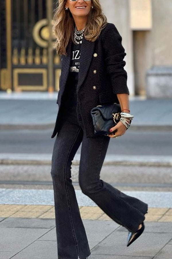 Black Lapel Buttons Tweed Blazer
