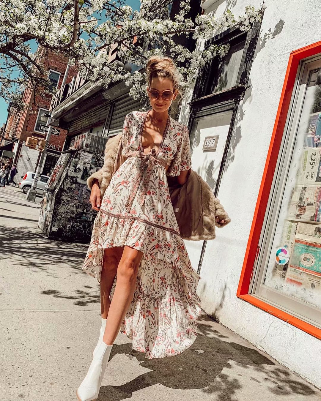 Boho Beige Floral Print High Low Dress