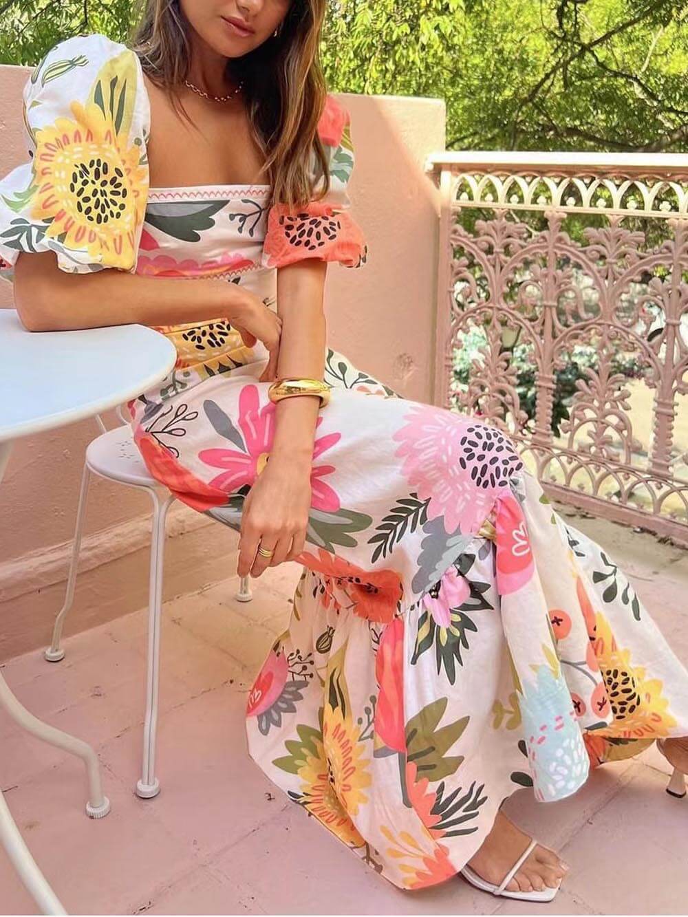 Elegant Square Neck Bubble Short Sleeve Floral Maxi Dress