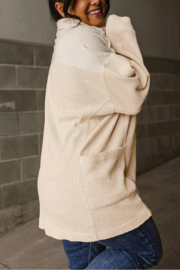 Casual Waffle Patchwork Drop Sleeve Henley Sweatshirt Top