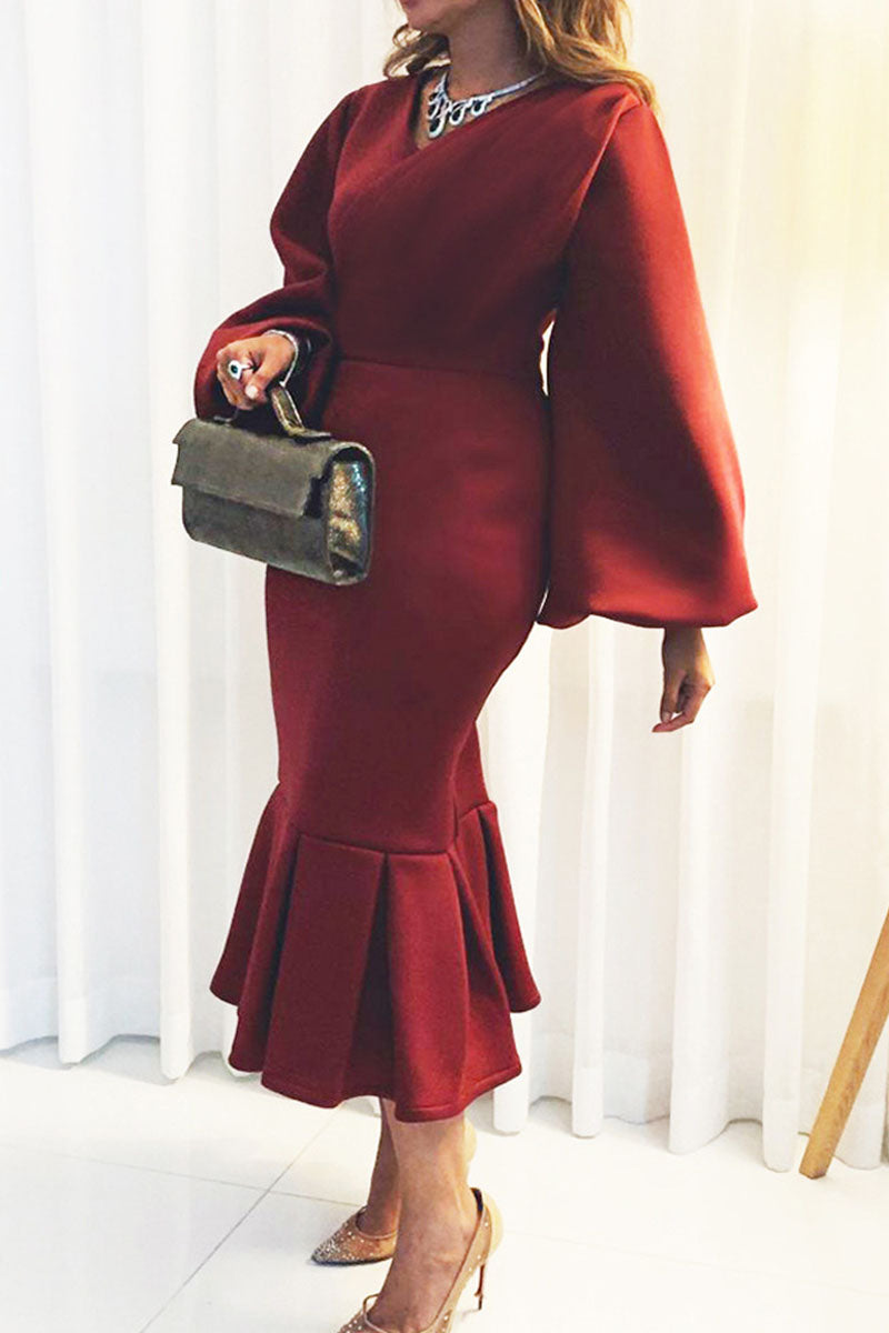 Elegant V Neck Long Sleeves Ruffled Midi Evening Dress
