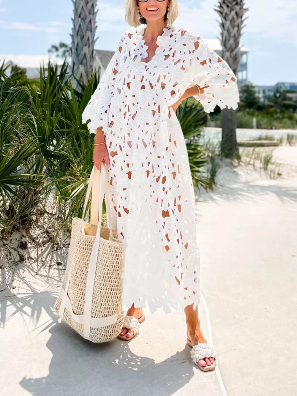 Chic V-neck Long Sleeves Lace Cover Up Beach Midi Dress