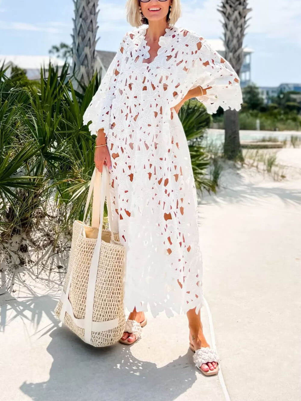 Chic V-neck Long Sleeves Lace Cover Up Beach Midi Dress