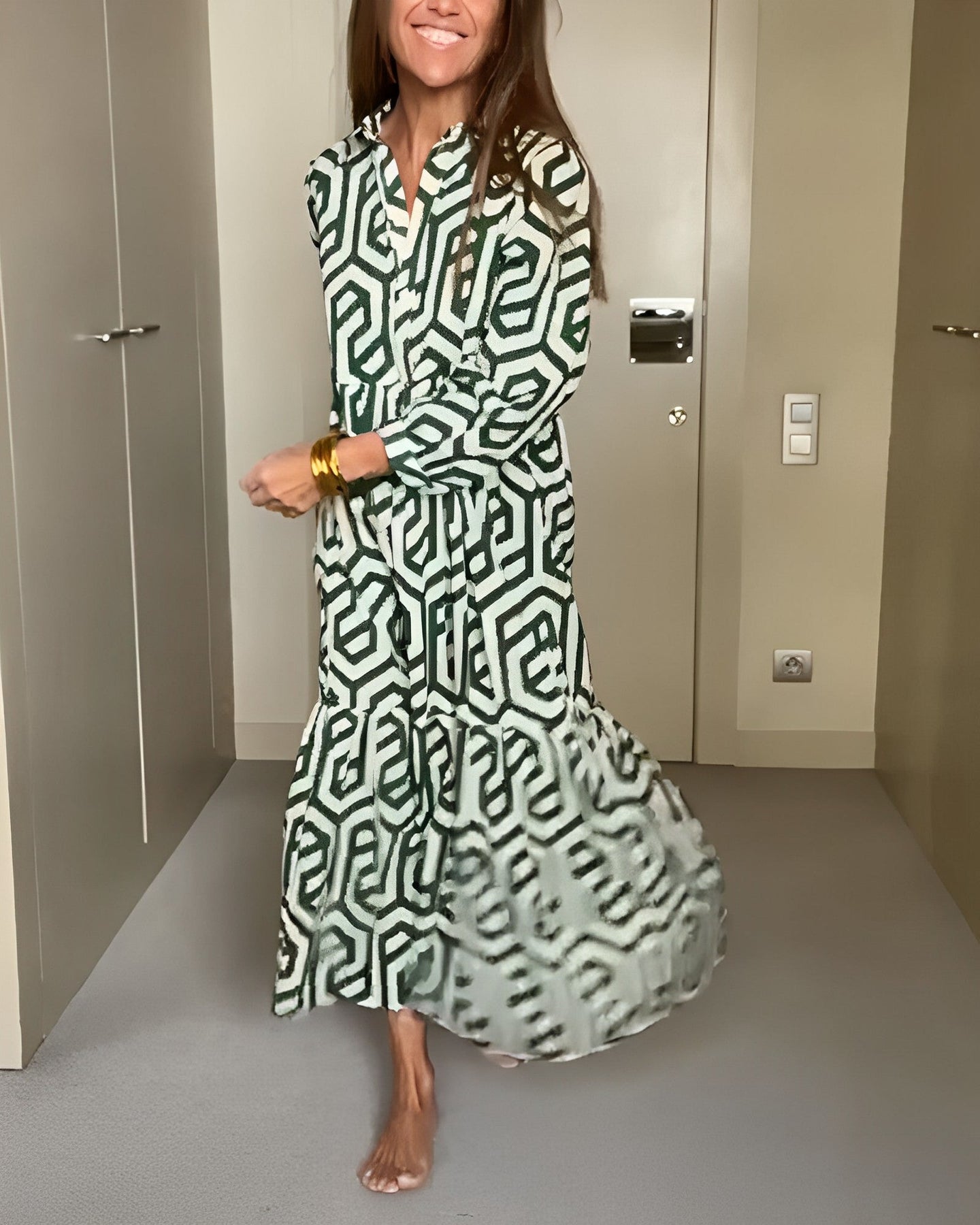 Collar Long Sleeves Print Button Down Midi Dress