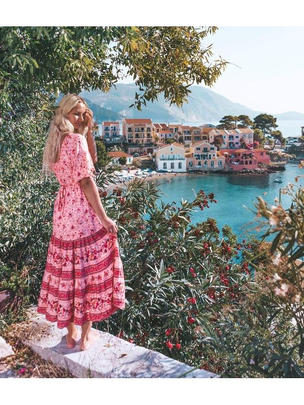 Boho Blue Floral Print Short Sleeve Maxi Dress