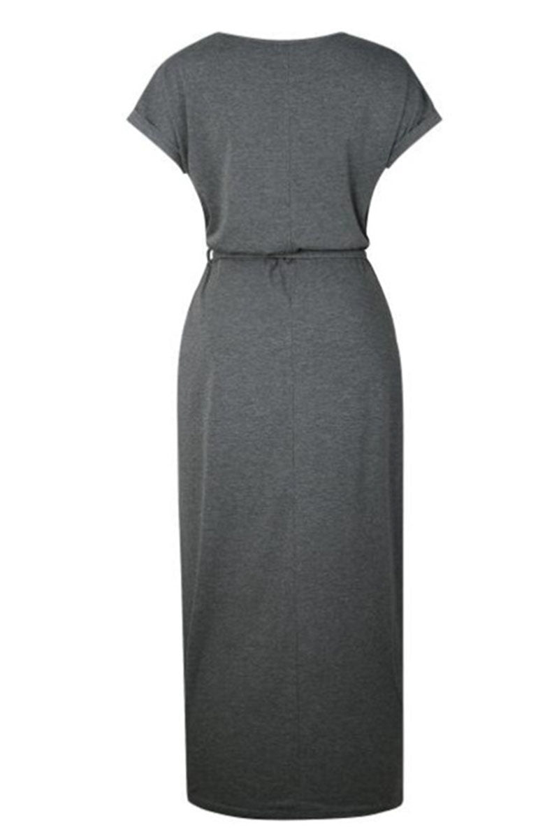 Casual Round Neck Irregular Ruched Slit Front Midi Dress