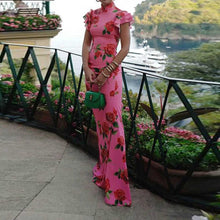 Load image into Gallery viewer, Pink Cheongsam Rose Printed Tiered Flutter Sleeves Maxi Dress
