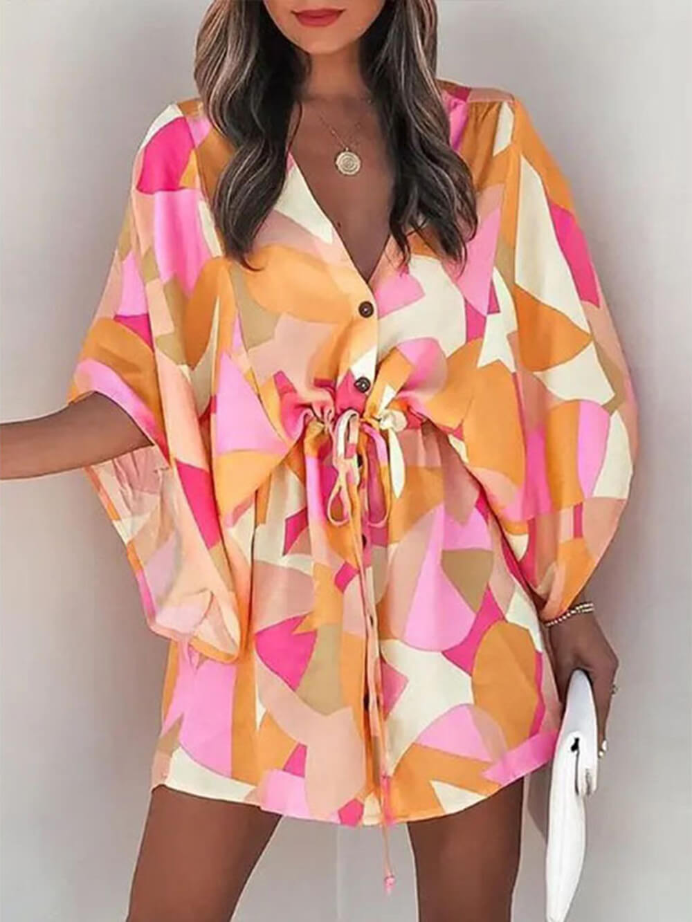 Chic Printed Batwing Sleeves Mini Dress