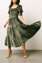 Load image into Gallery viewer, Gold Velvet Squared Neck Ruffles High Waist Smocked Tiered Midi Dress
