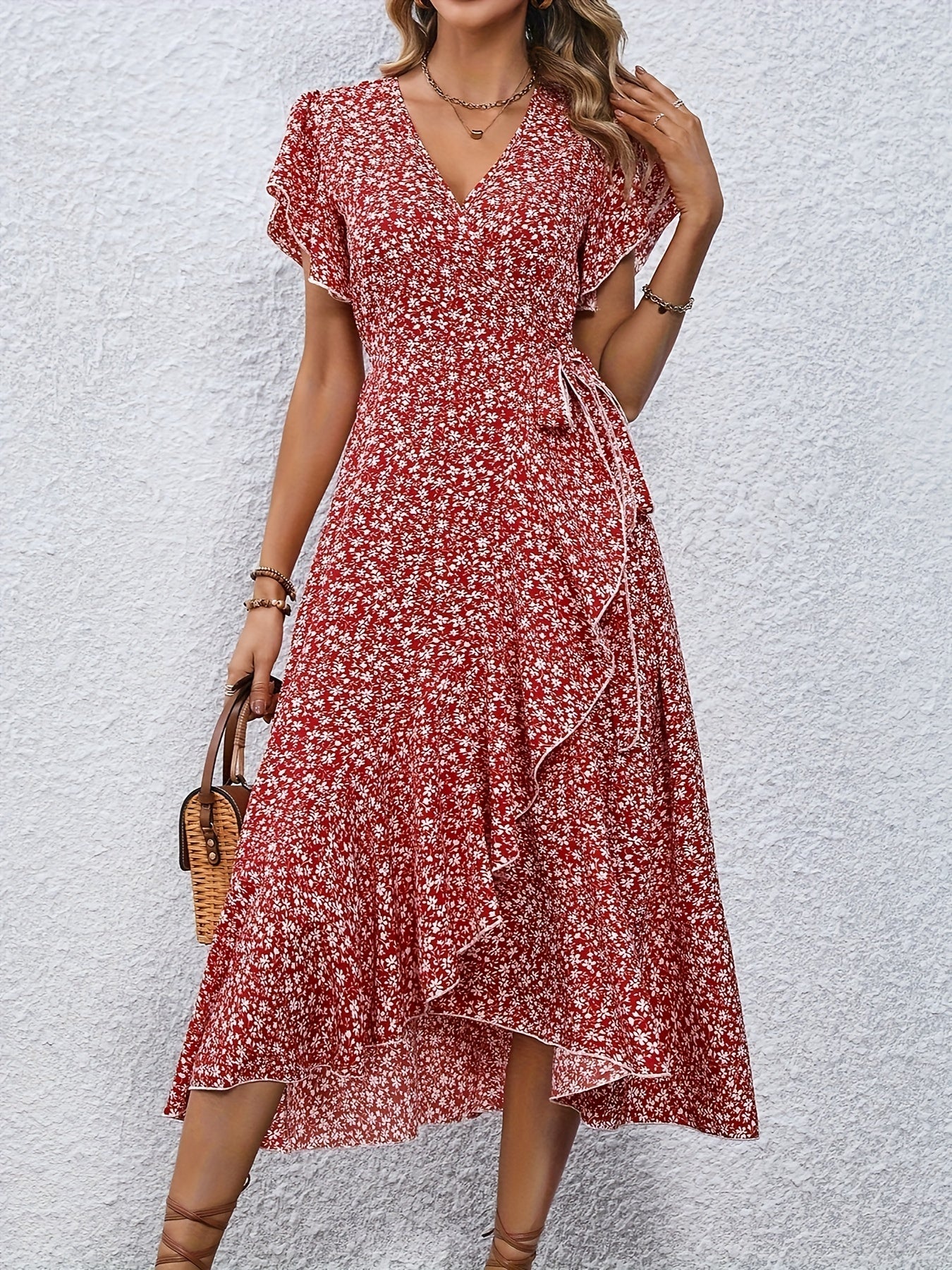 Floral Surplice Neck Tied Midi Dress
