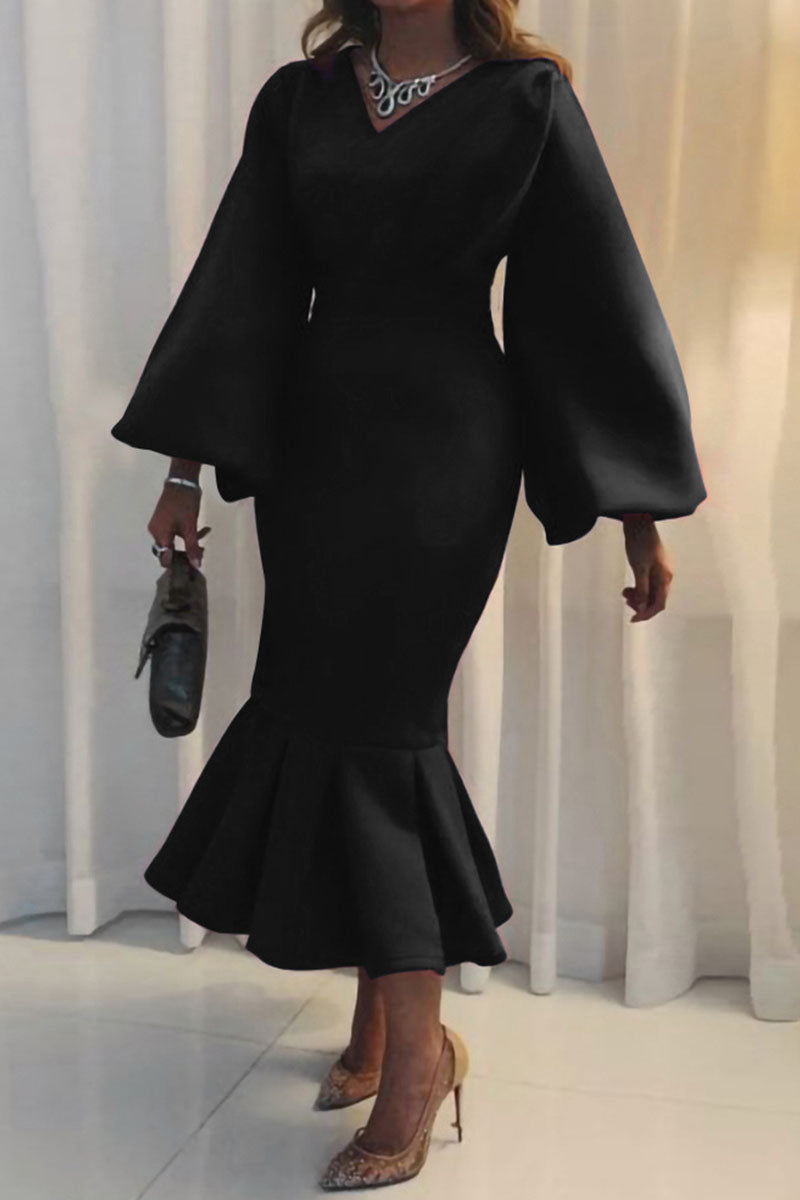 Elegant V Neck Long Sleeves Ruffled Midi Evening Dress