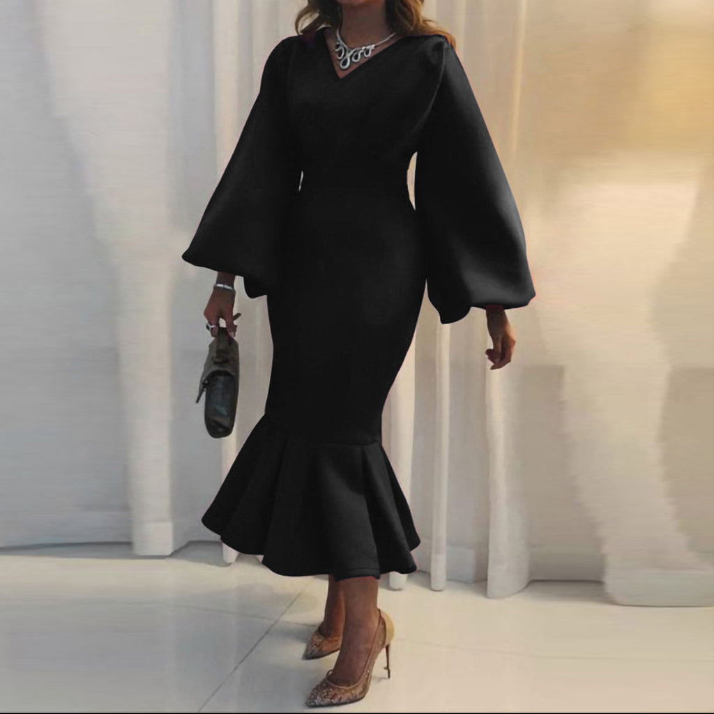Elegant V Neck Long Sleeves Ruffled Midi Evening Dress