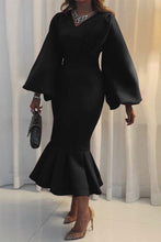 Load image into Gallery viewer, Elegant V Neck Long Sleeves Ruffled Midi Evening Dress

