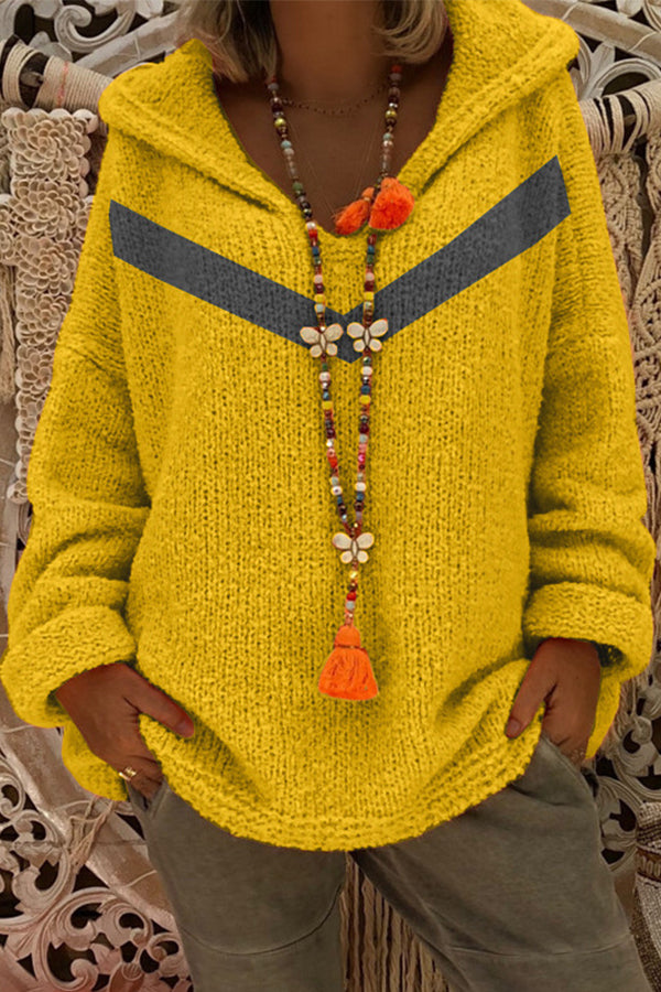 Loose Color Block Hooded Pullover Sweater