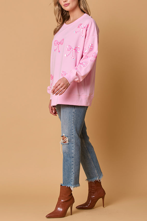 Bow Sequin Casual Loose Long Sleeve Sweatshirt