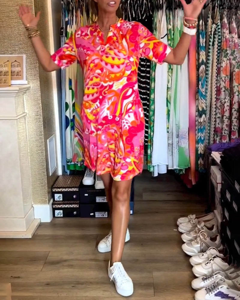 Pink Print Short Sleeve Mini Dress