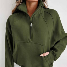 Load image into Gallery viewer, Green Zip Up Stand Collar Ribbed Thumbhole Sleeve Sweatshirt

