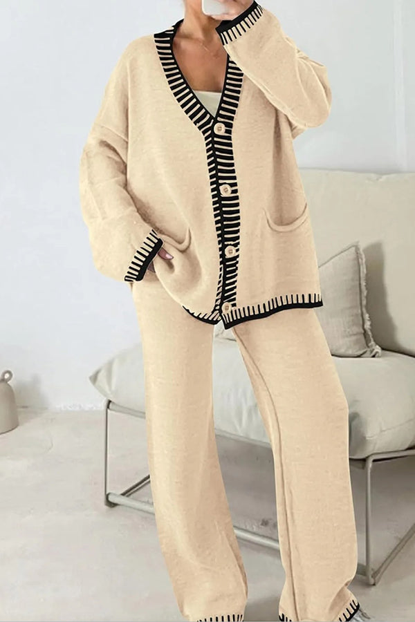 Casual Long Sleeve Pocket Cardigan and Elastic Waist Loose Wide Leg Pants Set