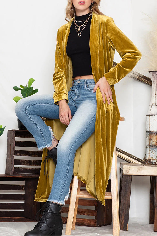 Elegant Yellow Velvet Open Front Pocket Long Coat