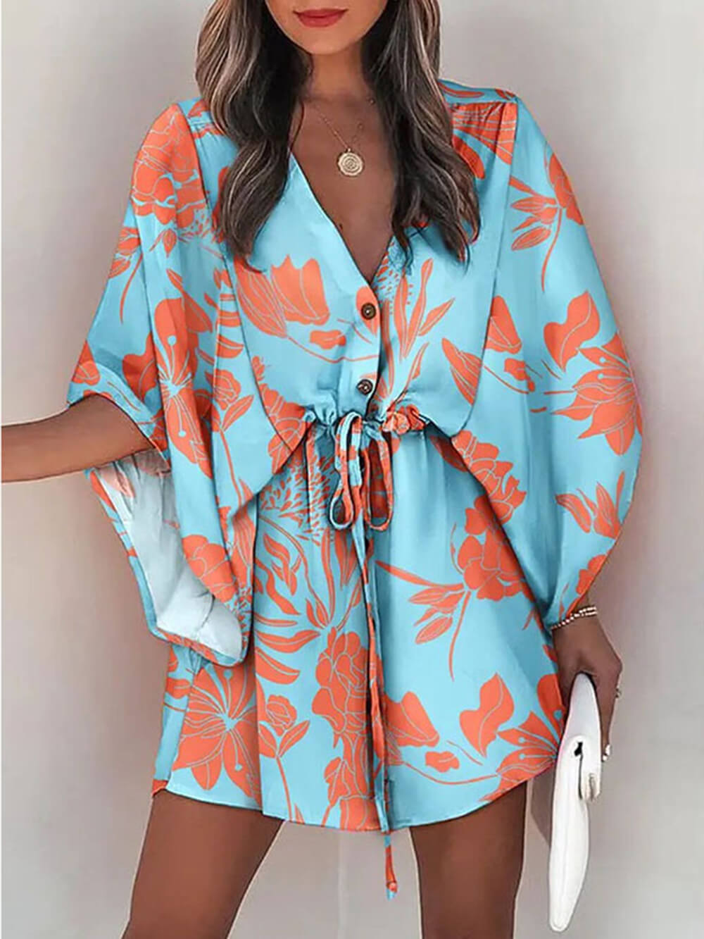 Chic Printed Batwing Sleeves Mini Dress